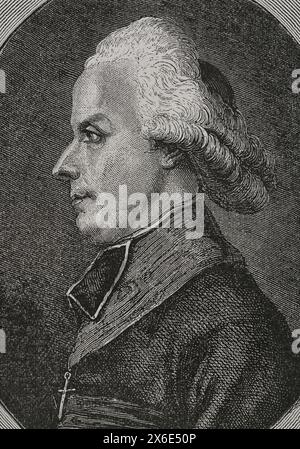 Antoine-Adrien Lamourette (1742-1794) Prêtre et homme politique français. Pendant la Révolution française, il accepte la loi sur la Constitution civile du clergé, votée par l'Assemblée constituante le 12 juillet 1790, par laquelle l'Église catholique française devient un service public, sans dépendre de l'autorité du pape de Rome. Lamourette devient le premier évêque constitutionnel, étant évêque du département de la Rhône-et-Loire (Lyon). Portrait. Dessin de Liénard. Gravure par Pannemaker. "Histoire de la Révolution française". Volume I, 1876. Banque D'Images