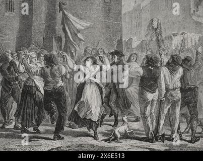 Révolution française. Massacres de septembre (2-6 septembre 1792). Les révolutionnaires ont exécuté des meurtres de masse parmi la population carcérale dans toute la France, principalement à Paris. Les rebelles défilent la tête de la Princesse de Lamballe (Marie Thérèse Louise de Savoie) dans les rues. Dessin de Hippolyte de la Charlerie. Gravure de Théodore Meyer-Heine. "Histoire de la Révolution française". Volume I, 1876. Banque D'Images