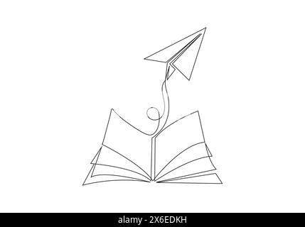 illustration vectorielle minimaliste avec un dessin continu d'une ligne d'un avion en papier volant à côté d'un livre, représentant le concept d'entreprise Illustration de Vecteur