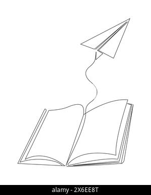 Illustration vectorielle minimaliste représentant un avion en papier et un livre dans un style de dessin continu d'une ligne, symbolisant le concept de messages d'affaires Illustration de Vecteur