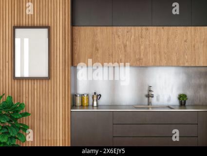 Intérieur d'une cuisine vu de la vue détaillée de face. Image lumineuse. Parquet, mobilier sombre, comptoirs métalliques et bois. Dans l'image yo Banque D'Images