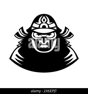 Illustration mascotte d'un guerrier samouraï japonais portant un masque appelé mempo vu de face sur fond isolé fait noir et blanc bande dessinée retr Illustration de Vecteur