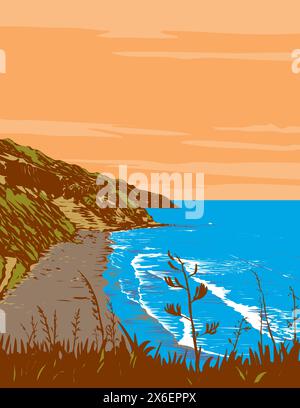 Affiche Art déco ou WPA de plage de surf à Muriwai Beach dans le parc régional de Muriwai sur la côte ouest de la région d'Auckland dans l'île du Nord de la Nouvelle-Zea Illustration de Vecteur