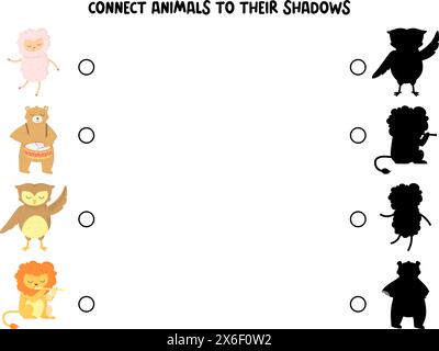 Trouvez le bon jeu d'ombre. Ours avec tambour, hibou, lion, silhouettes d'animaux de mouton. Illustration vectorielle stock dans le style de dessin animé plat. Illustration de Vecteur