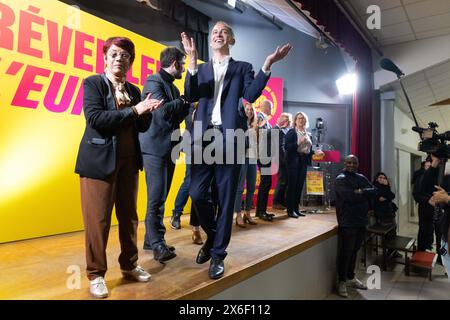 Camon, France. 14 mai 2024. Candidat principal du Parti socialiste français (PS) et du Parti de la place publique pour les élections européennes et député européen français Raphael Glucksmann lors d'une réunion, en prévision des prochaines élections européennes, à Camon, près d'Amiens, dans le nord de la France, le 14 mai, 2024. photo de Raphael Lafargue/ABACAPRESS. COM Credit : Abaca Press/Alamy Live News Banque D'Images