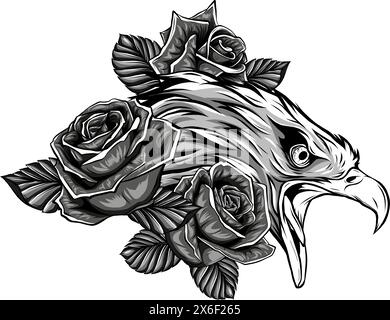 illustration vectorielle de l'aigle monochrome avec des roses de fleur Illustration de Vecteur