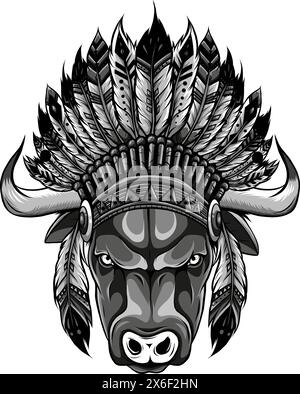 Illustration vectorielle de Bison monochrome avec plumes. Illustration de Vecteur