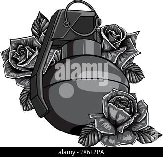 Grenade à main monochrome avec illustration vectorielle de roses. Illustration de Vecteur