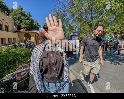 Palo Alto, Californie, États-Unis 12 mai 2024. Protestataire pro-palestinien à l'Université de Stanford pour la fête de l'indépendance d'Israël et la fête des mères donnant la main à la caméra. Des drapeaux palestiniens peuvent être vus en arrière-plan. (Crédit image : © Amy Katz/ZUMA Press Wire) USAGE ÉDITORIAL SEULEMENT! Non destiné à UN USAGE commercial ! Banque D'Images