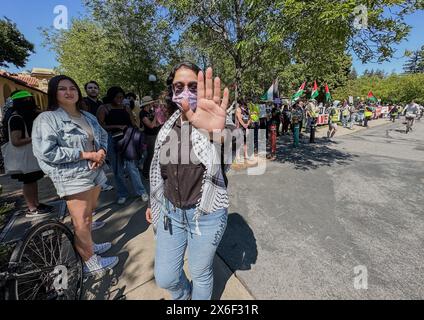 Palo Alto, Californie, États-Unis 12 mai 2024. Protestataire pro-palestinien à l'Université de Stanford pour la fête de l'indépendance d'Israël et la fête des mères donnant la main à la caméra. Des drapeaux palestiniens peuvent être vus en arrière-plan. (Crédit image : © Amy Katz/ZUMA Press Wire) USAGE ÉDITORIAL SEULEMENT! Non destiné à UN USAGE commercial ! Banque D'Images