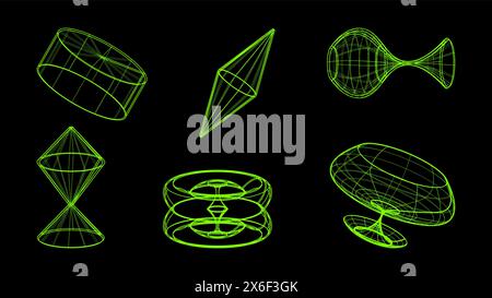 Modèles filaires 3D d'objets ligne de réseau. Formes géométriques atmosphère future. Design rétro futuriste pour élément technologique ou scientifique. Fond noir de couleur vive. Illustration vectorielle. Illustration de Vecteur