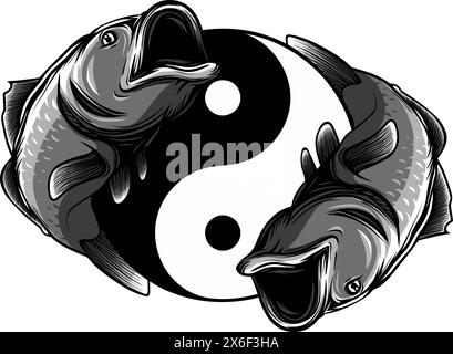 Ying yang symbole avec poisson. Illustration vectorielle de poisson Koi dessinée à la main Illustration de Vecteur