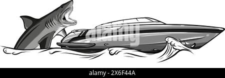 Requin affamé avec un gros bateau d'attaque à mâchoires de l'eau. Illustration de Vecteur