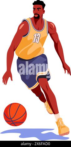 Joueur professionnel de basket-ball masculin dans le concept de fitness mi-dribble. Illustration vectorielle plate sur blanc Illustration de Vecteur