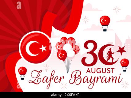 Zafer Bayrami illustration vectorielle. Traduction : août 30 célébration de la victoire et de la fête nationale en Turquie. Avec drapeau d'ondulation sur fond plat Illustration de Vecteur