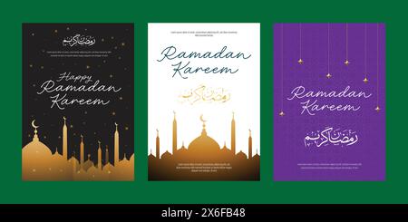 Affiche set salutations de Ramadan Kareem, Ramadan Moubarak, mois de jeûne accueillant pour islamique ou musulman, avec fond vectoriel, bannière des médias sociaux Illustration de Vecteur