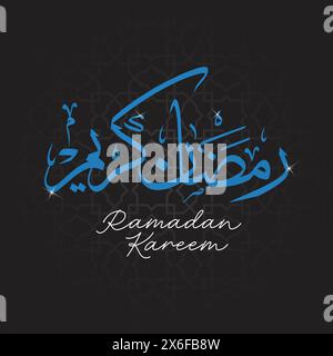 Calligraphie de Ramadan Kareem, salutation islamique avec des lettres arabes et illustration vectorielle de motif géométrique sur fond noir, Ramadhan moubarak Illustration de Vecteur