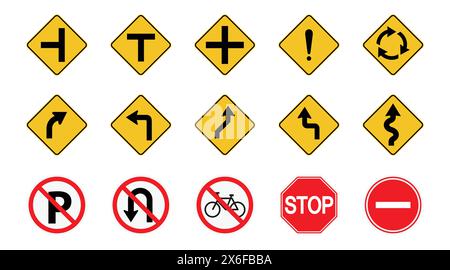 Ensemble de panneaux de signalisation routière, flèche avertissement ou signe de danger, icône de direction et informations, VECTEUR Illustration de Vecteur