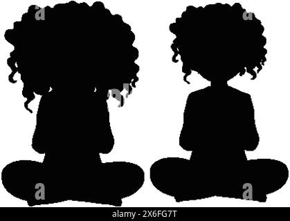 Silhouette noire de deux enfants assis les jambes croisées Illustration de Vecteur