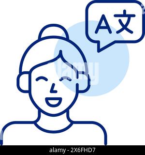 Femme dans des écouteurs et bulle de parole avec traduction de langues. Apprendre les langues en écoutant des podcasts. Pixel Perfect, contour modifiable vec Illustration de Vecteur