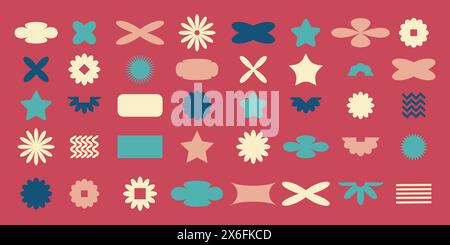 Formes géométriques abstraites dans le style rétro y2k. Figures brutalistes, fleurs et autres éléments primitifs. Illustration de Vecteur