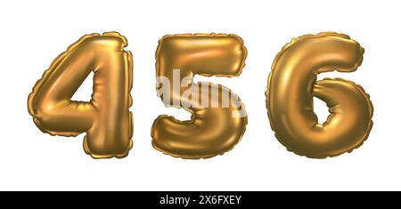 Figurines de montgolfière dorées isolées sur fond blanc. Illustration réaliste vectorielle de la feuille jaune gonflable quatre, cinq, six numéros collection, éléments de conception de fête d'anniversaire, escompte de vente Illustration de Vecteur