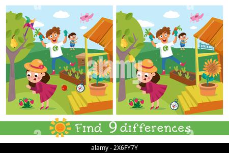 Trouvez 9 différences. Jeu pour enfants. Famille mignonne dans le jardin. Personnage de dessin animé. Illustration vectorielle. Illustration de Vecteur