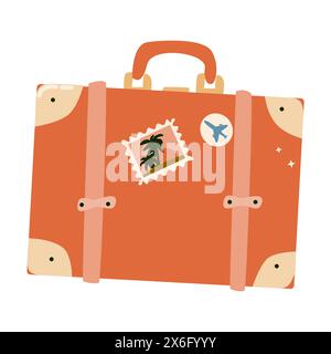 Élément de vacances d'été de valise de dessin animé avec autocollant ou motif abstrait et boisson. Peut être utilisé pour les autocollants et patch, conception de couverture. Illustration de Vecteur