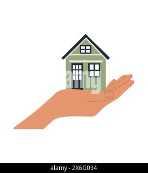 Main humaine tenant une petite maison verte isolée. Illustration de Vecteur