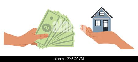 Concept immobilier. Mains tenant l'argent et la maison Illustration de Vecteur