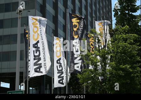 Cologne, Allemagne. 14 mai 2024. Drapeaux à l'entrée de ANGA COM, le salon européen leader pour le haut débit, la télévision et l'Internet. Crédit : Horst Galuschka/dpa/Alamy Live News Banque D'Images