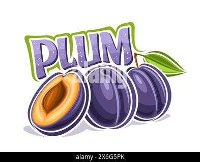 Logo vectoriel pour Plum, affiche horizontale décorative avec illustration de contour de la composition de prune avec feuille verte sur tige, étiquette de conception de dessin animé avec ch Illustration de Vecteur