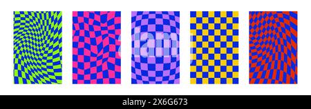 Checkerboard psychédélique. Ensemble de fonds Groovy Hippie des années 70. Papier peint à carreaux Trippy. Illustration vectorielle rétro dans le style Y2K. Funky déformé Illustration de Vecteur