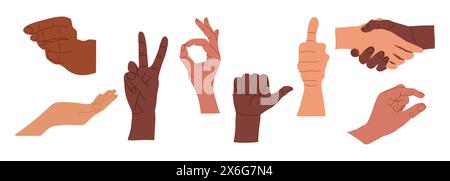 Diverses mains humaines avec différents signes, gestes Illustration de Vecteur