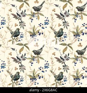 Motif floral sans couture avec oiseau noir, branches feuilles et baies de viburnum, eucalyptus Banque D'Images