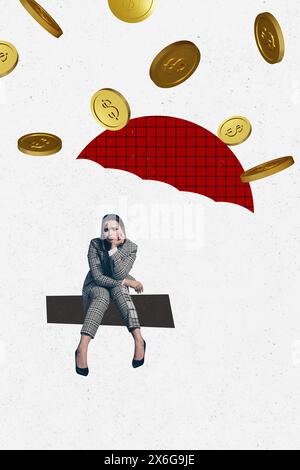 Collage photo vertical de la pièce de monnaie de toit de parapluie de femme d'affaires stressée contrariée chute de concept de faillite isolé sur fond peint Banque D'Images