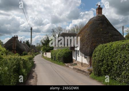 Maisons de village au toit de chaume, chalets à Longstock, Hampshire Angleterre des années 2024 2020 Royaume-Uni HOMER SYKES Banque D'Images