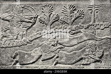 Dalle sculptée de la salle du trône du roi Ashurnasirpal II à Nimrud. Deux archers assyriens tirent sur les ennemis nageant dans l'eau en utilisant des peaux d'animaux gonflées pour aider à subvenir à leurs besoins. L'Euphrate, Irak. Moyen-Orient. Dessin d'Edward Dujardin (1817 - 1889) Perse, Chaldée et Susiana 1881-1882 de Jane Dieulafoy (1851 - 1916) le Tour du monde 1886 Banque D'Images