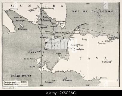 Ancienne carte du détroit de Sunda, Indonésie. Krakatau et le détroit de la Sunda 1884 par le journaliste français Edmond Cotteau (1833 - 1896) le Tour du monde 1886 Banque D'Images