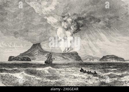 Éruption du volcan Perboewatan en 1883, île de Krakatoa. Indonésie. Dessin de Theodor Weber (1838-1907) Krakatau et le détroit de la Sunda 1884 par le journaliste français Edmond Cotteau (1833 - 1896) le Tour du monde 1886 Banque D'Images