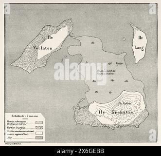 Carte des îles Krakatau, Terlaten et Lang, après la catastrophe de 1883. Indonésie. Krakatau et le détroit de la Sunda 1884 par le journaliste français Edmond Cotteau (1833 - 1896) le Tour du monde 1886 Banque D'Images