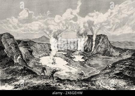 Le volcan Taal est un volcan actif situé sur la côte ouest de l'île de Luçon, aux Philippines, en Asie du Sud. Dessin de Theodore Weber (1838 - 1907) Luçon et Palawan, six ans de voyage aux Philippines par Alfred Marche (1844-1898) le Tour du monde 1886 Banque D'Images