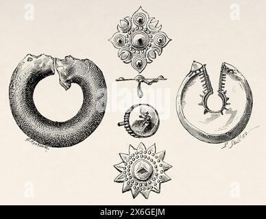 Bijoux en or trouvés dans des cercueils de la grotte de Pamitinan dans la Sierra Madre près du barrage de Wawa, Rizal, Philippines, Asie du Sud. Dessin de P. Sellier. Luzon et Palawan, six ans de voyage aux Philippines par Alfred Marche (1844-1898) le Tour du monde 1886 Banque D'Images