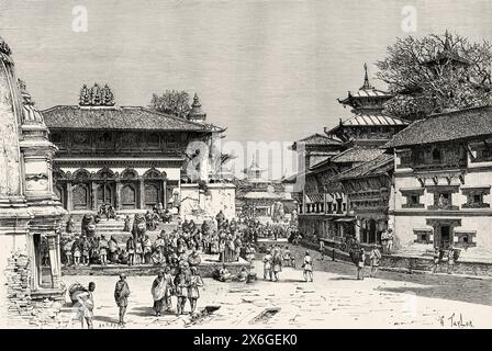 Complexe du Palais Royal. Durbar Square de Patan, Lalitpur, Katmandou, Népal. Asie. Dessin de Taylor. Voyage au Népal par le Docteur Gustave le bon (1841-1931) le Tour du monde 1886 Banque D'Images