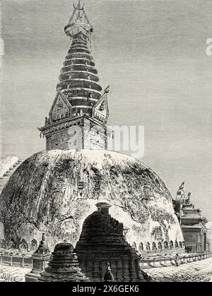 Swayambhunath Stupa, une variété de sanctuaires et de temples qui est connu sous le nom de Temple des singes, un ancien complexe religieux au sommet d'une colline dans la vallée de Katmandou. Népal. Asie. Dessin de P. Sellier. Voyage au Népal par le Docteur Gustave le bon (1841-1931) le Tour du monde 1886 Banque D'Images