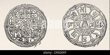 Vieille pièce d'argent du Népal. Asie. Dessin de P. Sellier. Voyage au Népal par le Docteur Gustave le bon (1841-1931) le Tour du monde 1886 Banque D'Images