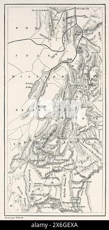 Carte des zones couvertes par Albert Tissandier en Utah et Arizona. États-Unis. Dessin d'Albert Tissandier. Voyage d'exploration dans l'Utah et l'Arizona, Kanab et le plateau de Kaibab en 1885. Le Tour du monde 1886 Banque D'Images