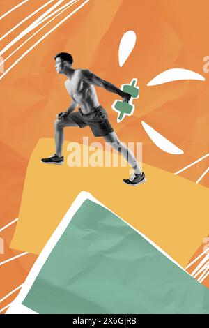 Croquis image tendance illustration composite photo collage de silhouette jeune homme soulever kettlebell sportif bougeant les mains Strong Power gym Banque D'Images