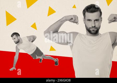 Composite tendance illustration collage photo de sport effort dynamique silhouette jeune bel homme fort montrer puissance grand muscle faire de l'exercice Banque D'Images