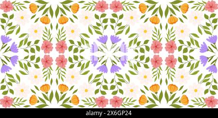 Composition sans couture avec des éléments floraux. Design répétitif d'inspiration botanique avec des fleurs lilas, orange et blanches, fleur de cerisier rose, feuilles diverses. Illustration de Vecteur